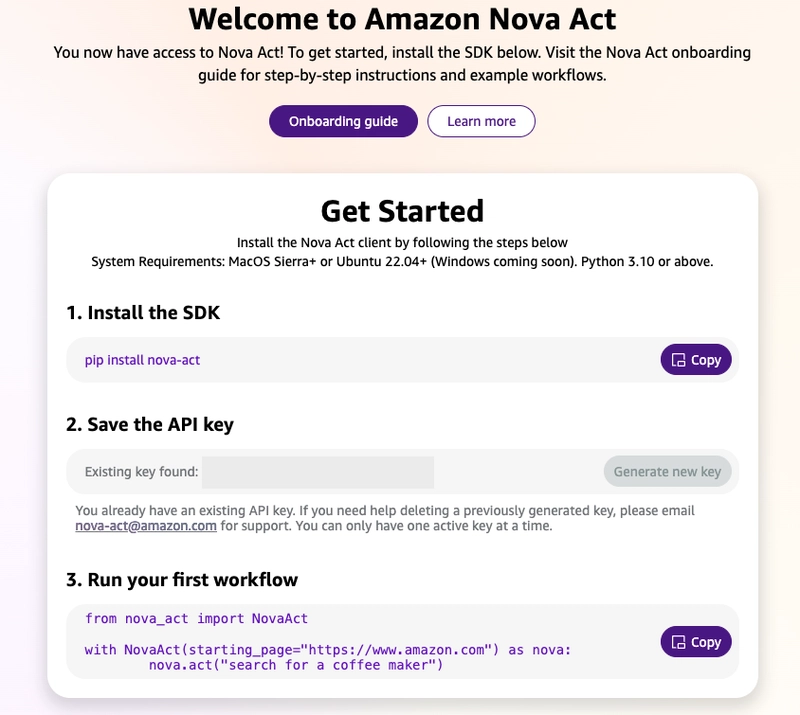 Nova Act SDK 设置界面截图