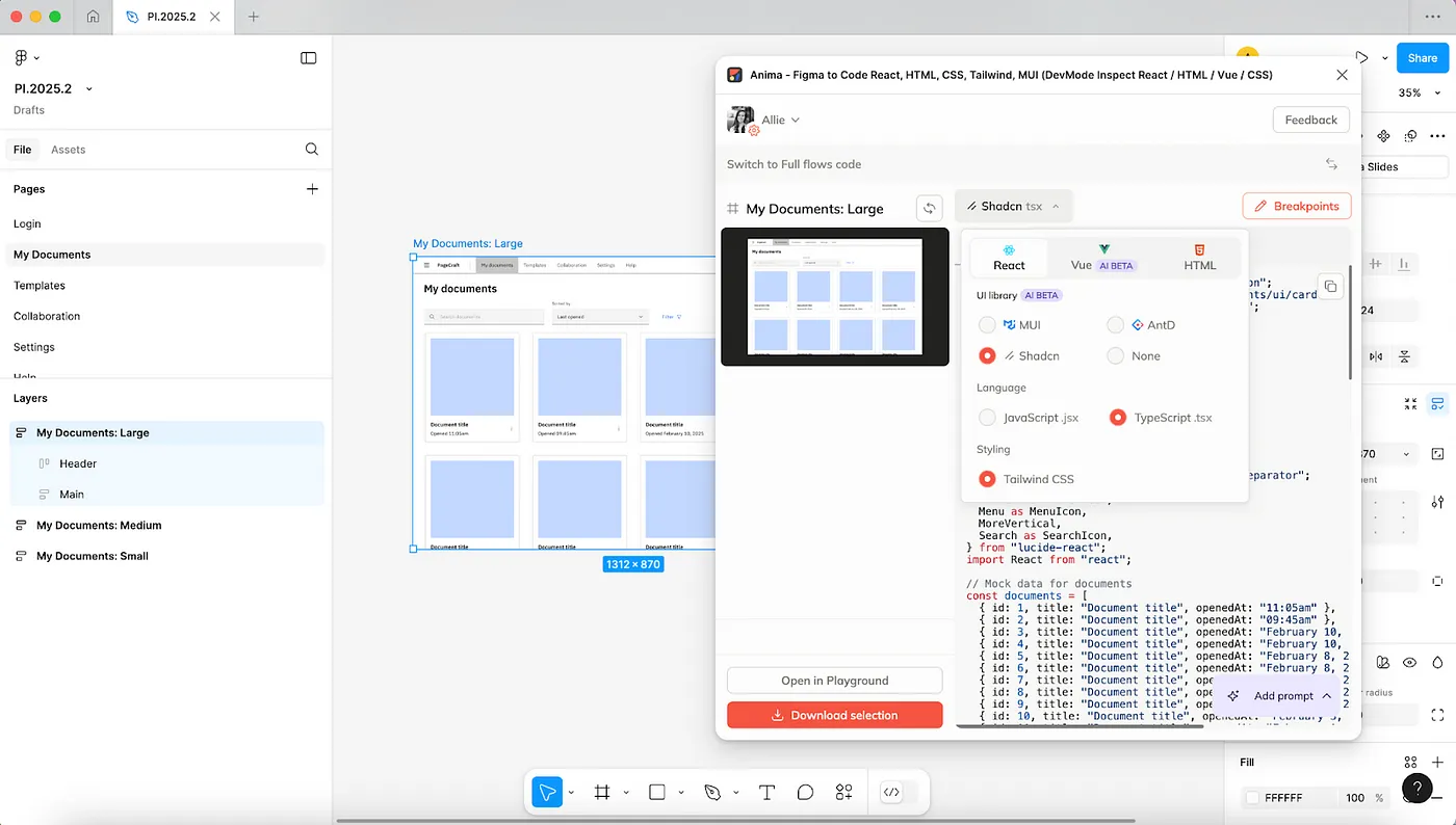 Figma设计一键迭代:AnimaPlayground的AI智能助手帮你轻松调整设计和代码_ Selecting the javascript framework for the design project in the Anima plug-in for Figma