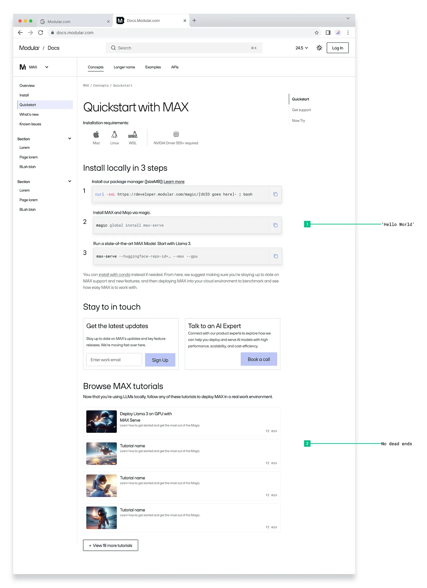 UI of the documentation’s quickstart page