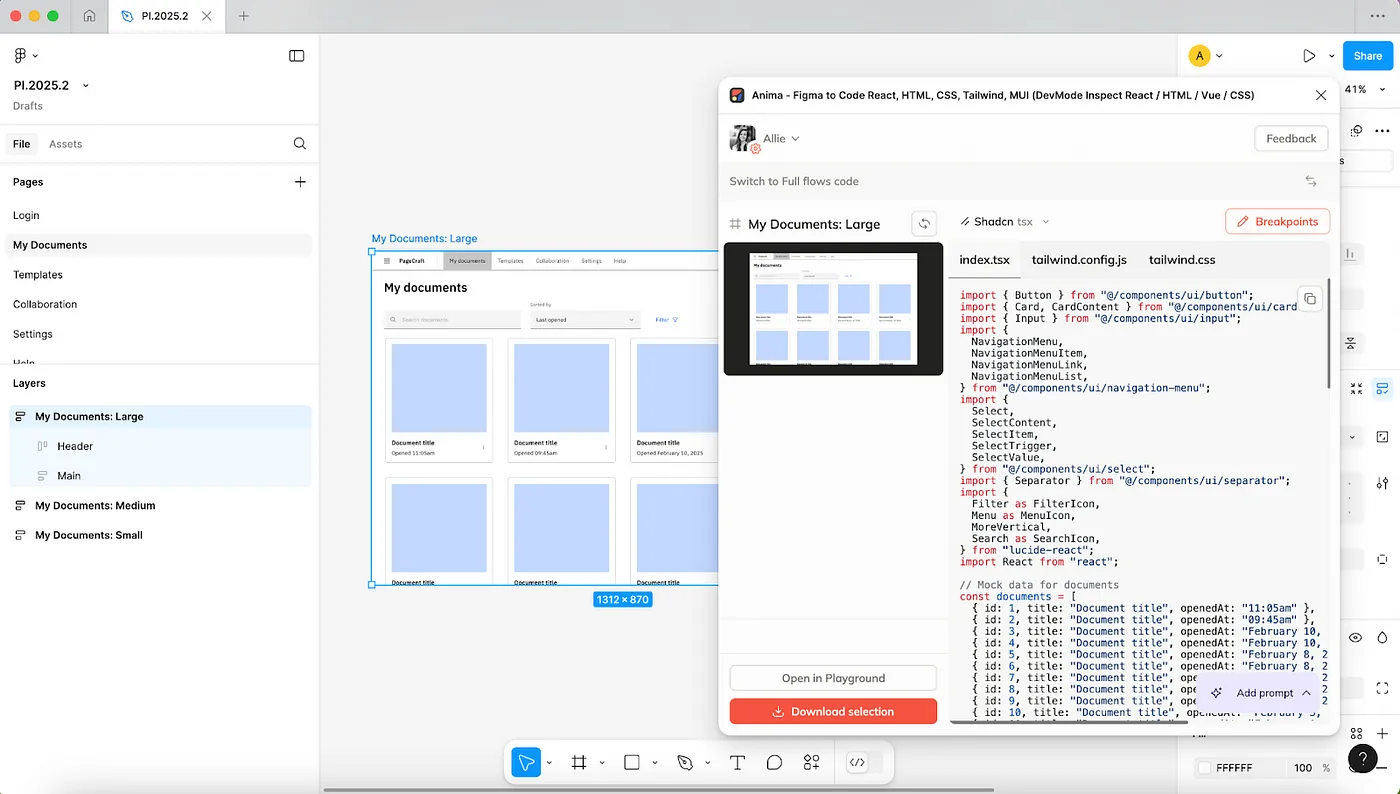 Figma设计一键迭代:AnimaPlayground的AI智能助手帮你轻松调整设计和代码_ Anima plug-in running in Figma and generating code for the designs