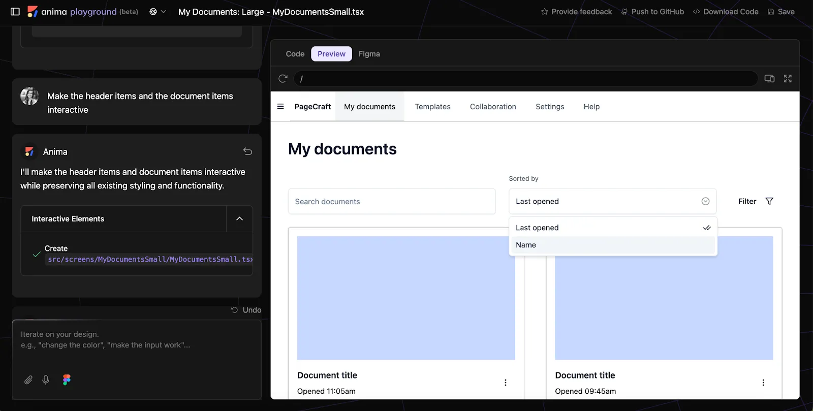 Figma设计一键迭代:AnimaPlayground的AI智能助手帮你轻松调整设计和代码_ Anima Playground feature showing the AI-chat and the live preview of the designs
