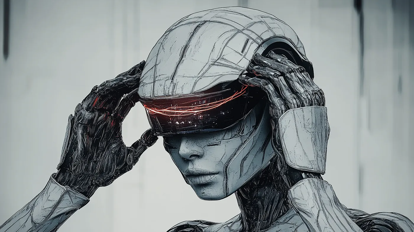 Image of an AI bot, putting on a knowledge enhancing visor with heads-up information display