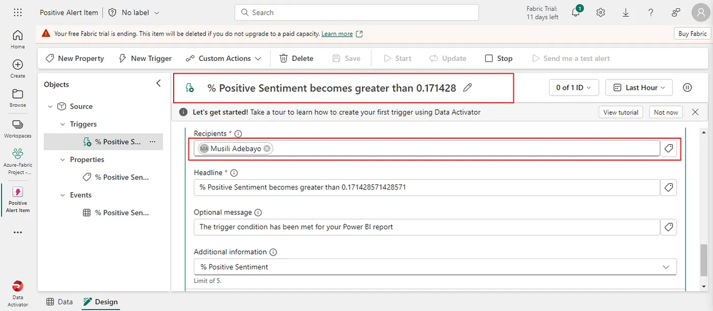 A rectangular-shaped box showing how to set up the Recipient of the Alert in the created Positive Alert Item.