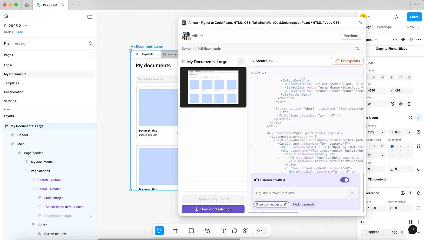 Figma设计一键迭代:AnimaPlayground的AI智能助手帮你轻松调整设计和代码_ The “Customize with AI” feature in the Anima-Figma plug-in allows you to add custom requests or select presets for the code