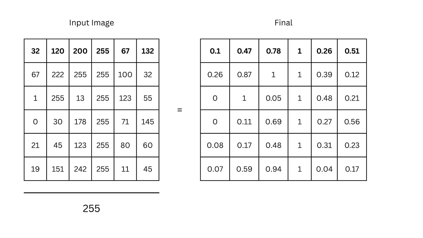 Image preprocessing step. Dividing all pixels by 255 to place their values between 1 and 0.