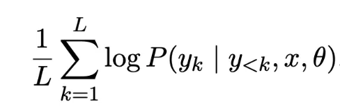 For LLM output of length L, compute average probability of top-likelihood tokens at each position P\(y_k|…\)