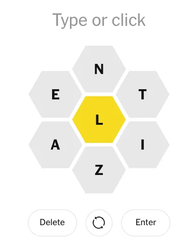 Example game board from the New York Times spelling bee, with central letter L and peripheral letters A, E, N, T, I, Z