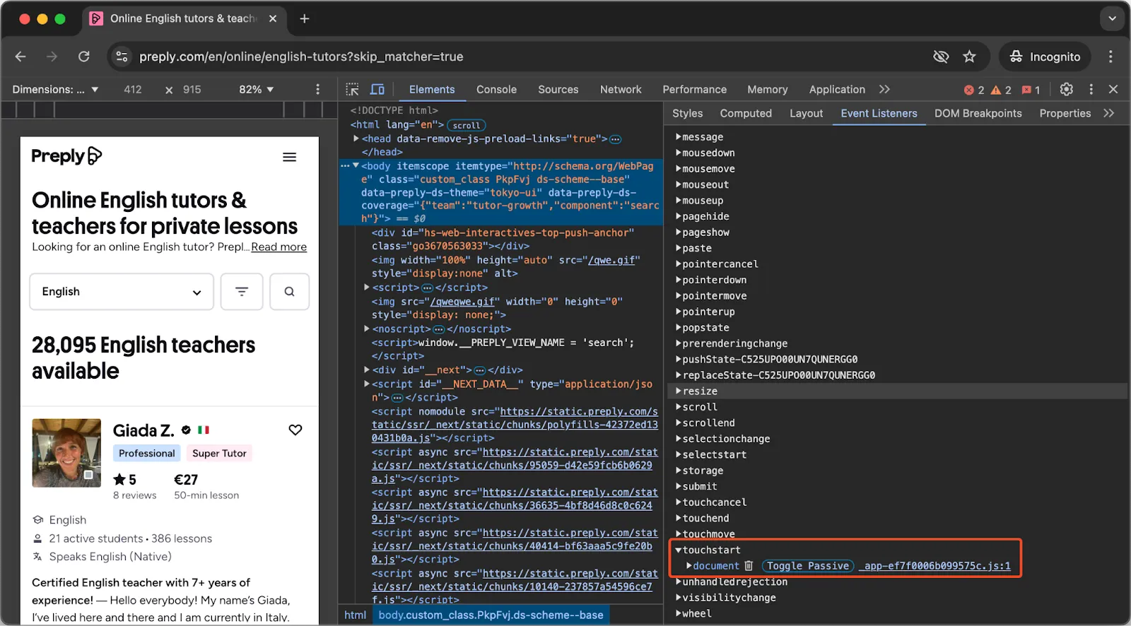 The browser dev tools visualize the event handlers, allow you to remove them, and jump to the listening JS module. Initially, there were more than 30 listeners.