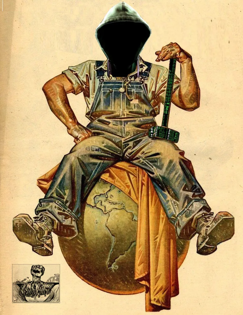 科技岗位的日益恶化现象_ An altered version of J.C. Leyendecker’s Labor Day 1946 cover illustration for Hearst’s ‘American Weekly’ magazine. The original features a muscular worker in dungarees sitting atop a banner-draped globe, holding a sledgehammer. In this version, his head has been replaced with a faceless hacker-in-a-hoodie, and his sledgehammer has been filled with Matrix code-waterfall characters. Leyendecker’s signature has been replaced with an IWW graphic depicting workers with upraised fists all joining tog