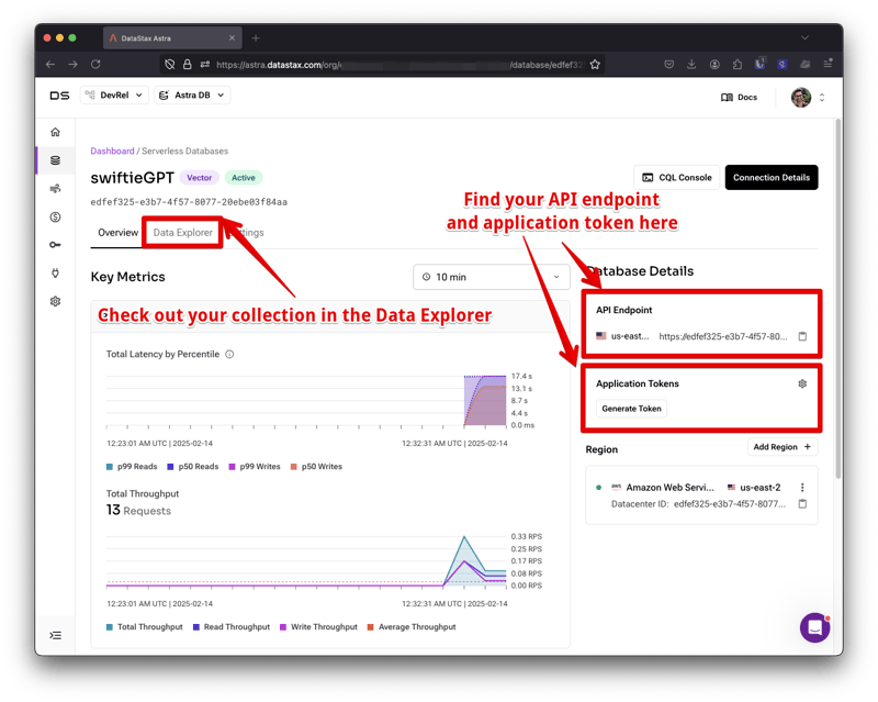 DataStax仪表板中的数据库详细信息的截图。页面右边你可以看到你的API端点地址并生成应用令牌。在数据探索器标签里可以查看集合。