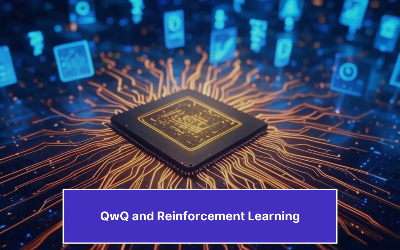 A futuristic digital image of a microchip with glowing circuit lines extending outward, symbolizing advanced computing. The text overlay emphasizes QwQ and its connection to reinforcement learning.