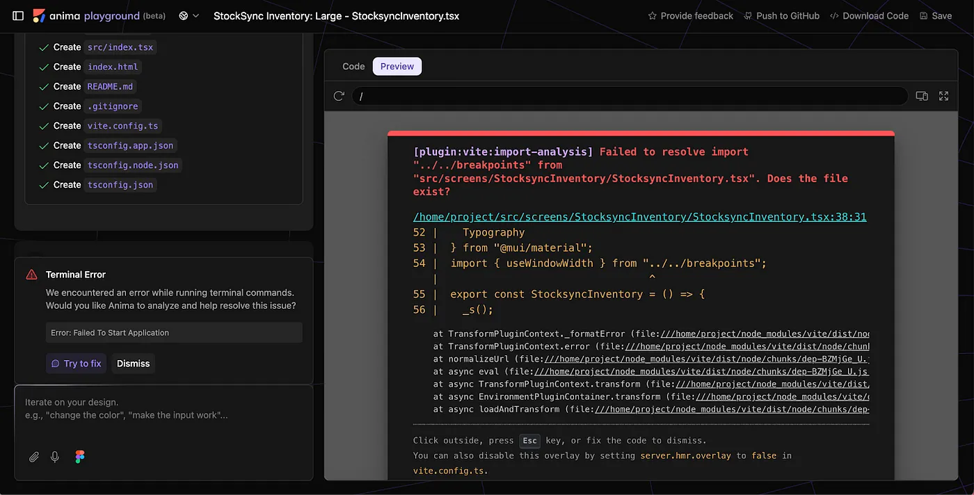 Figma设计一键迭代:AnimaPlayground的AI智能助手帮你轻松调整设计和代码_ Anima Playground code generation showing a terminal error and a prompt for the AI-assistant to fix the issue