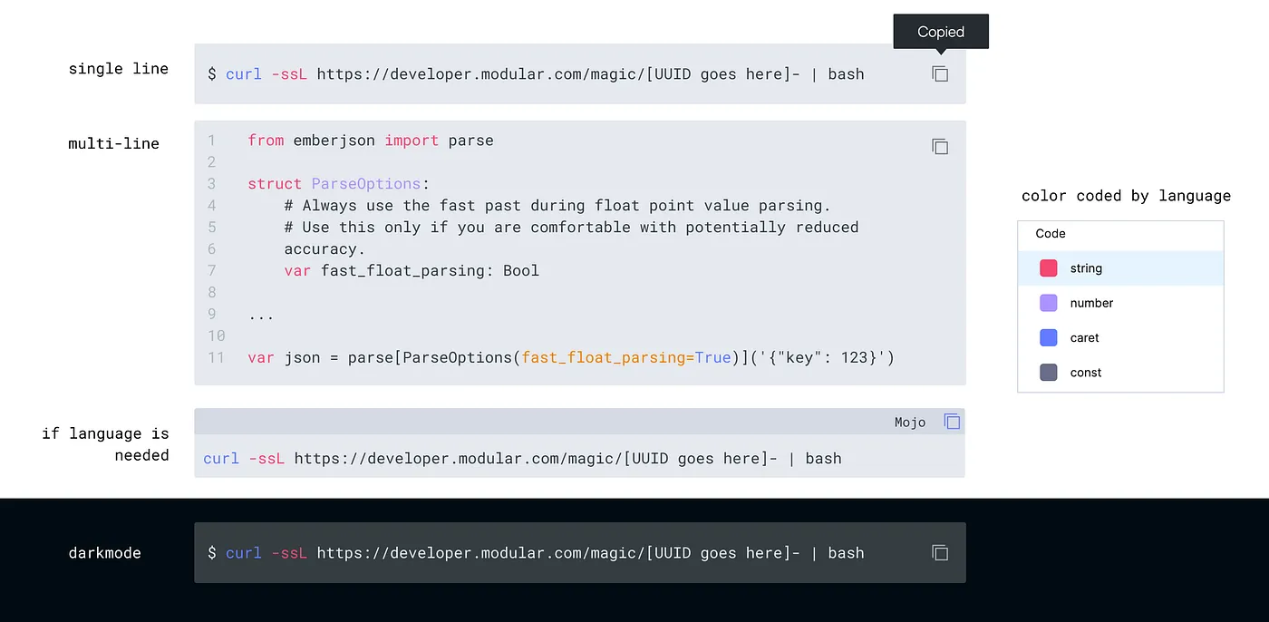 UI mock of our design system for code blocks