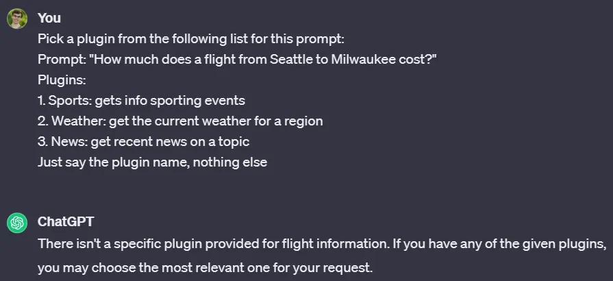 Conversation with ChatGPT. ChatGPT accurately says it doesn’t have a plugin for flights. Full text linked in article.