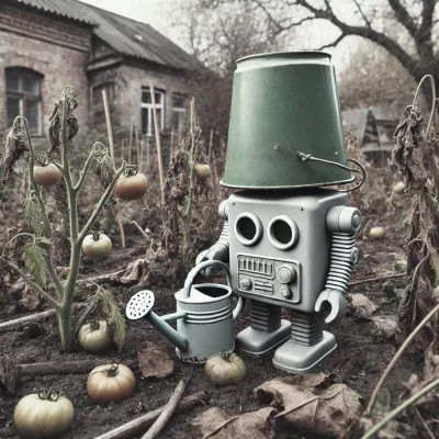 A silly looking robot holds a watering can and stands in a neglected garden with wilting tomatoes.