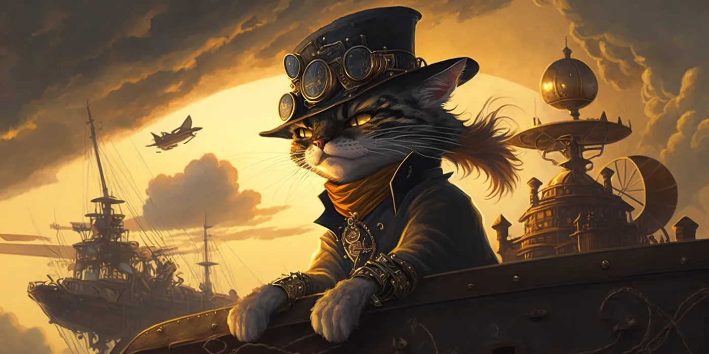 A cat on the flagship of a zeppelin flotilla exploring uncharted waters.