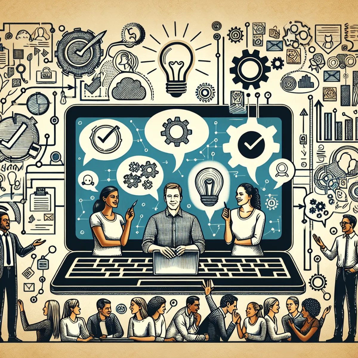 An abstract image of a digital workspace featuring an open laptop displaying symbols like lightbulbs, checkmarks, and gears. Surrounding the laptop are hand-drawn speech bubbles and teamwork icons, symbolizing collaboration. A Caucasian woman, an Asian man, and a Hispanic woman are engaged in a lively discussion, showcasing expressions of brainstorming and teamwork, reflecting the challenges and successes of note-taking. The overall composition captures the essence of creativity and cooperation in a vibrant digital environment.