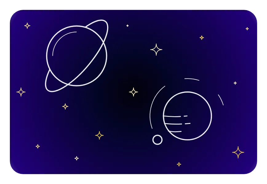 The illustration has now stars, that are in three sizes and in three colors all around the planets.