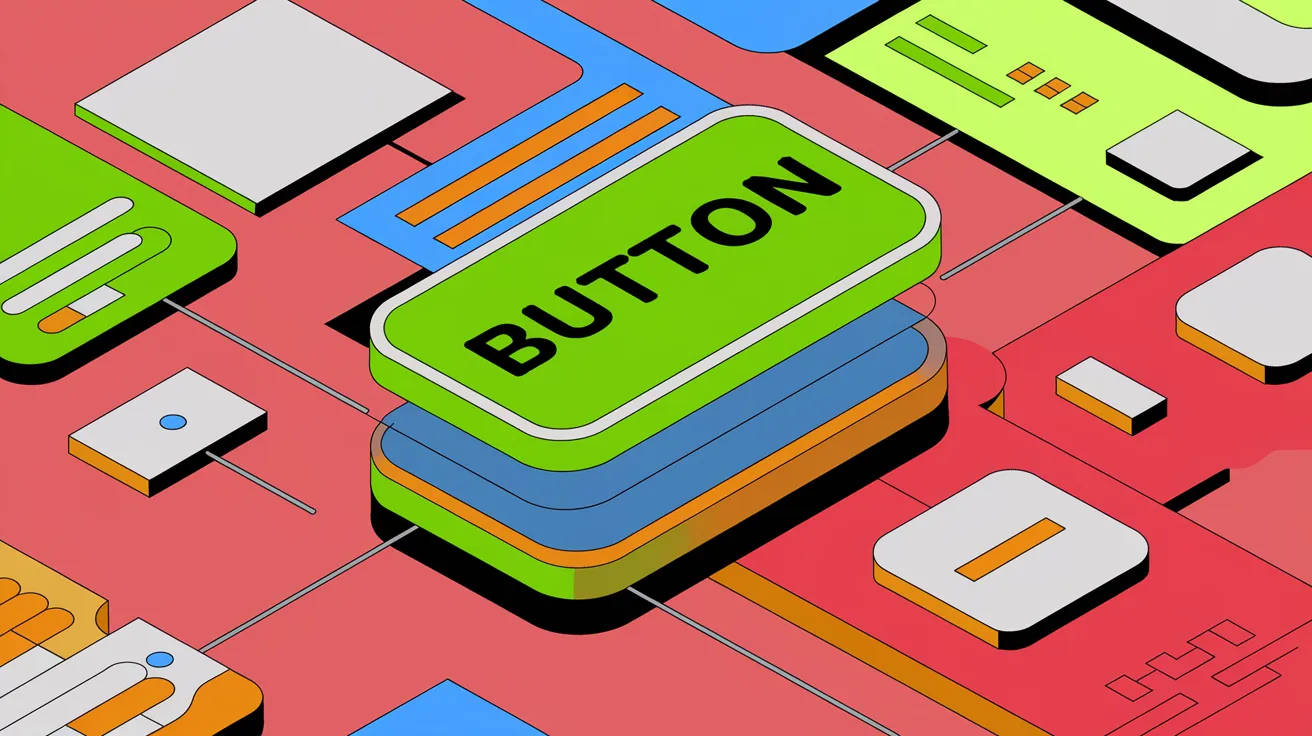 Alt text: A vibrant, abstract 3D illustration of a digital “Button” on a layered, circuit board-like background. The button is green with bold black text, and it sits atop various colorful layers \(blue, orange, and green\) connected to other elements resembling microchips and digital components. The scene resembles a technological interface or a futuristic digital design.