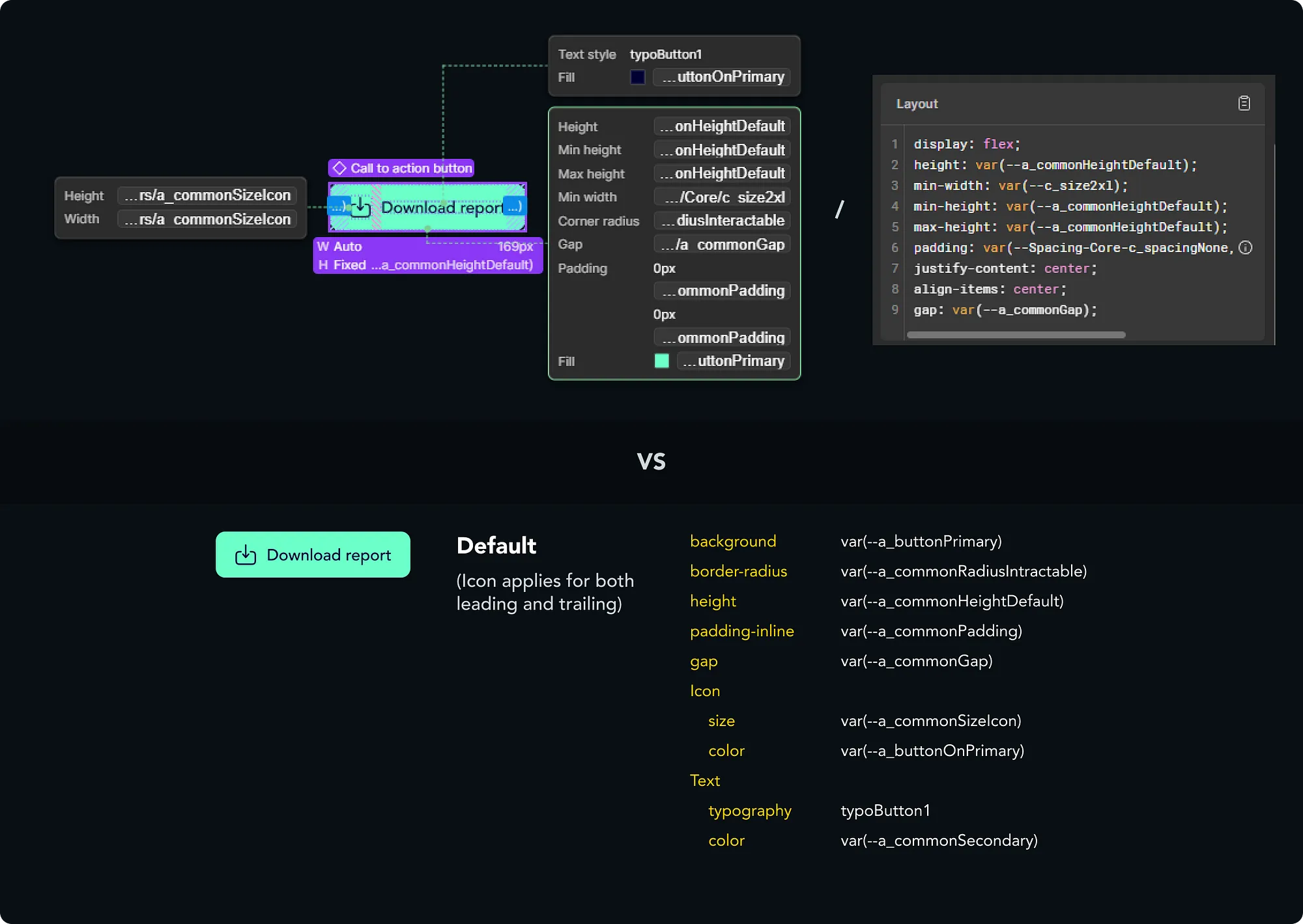 A comparison graphic showing the design specs of a “Download report” button. The top displays layout details and code, while the bottom shows the button with its default attributes like background, size, and text style.