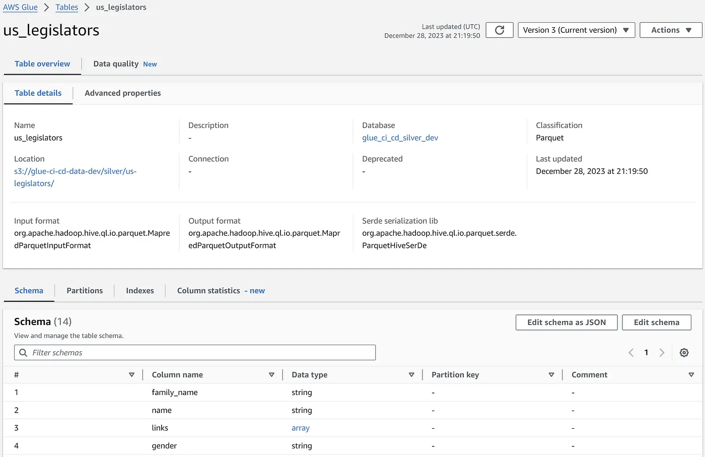 The us_legislators table catalog entry, automatically created by a Glue Crawler \(AWS CI/CD Blueprint\)