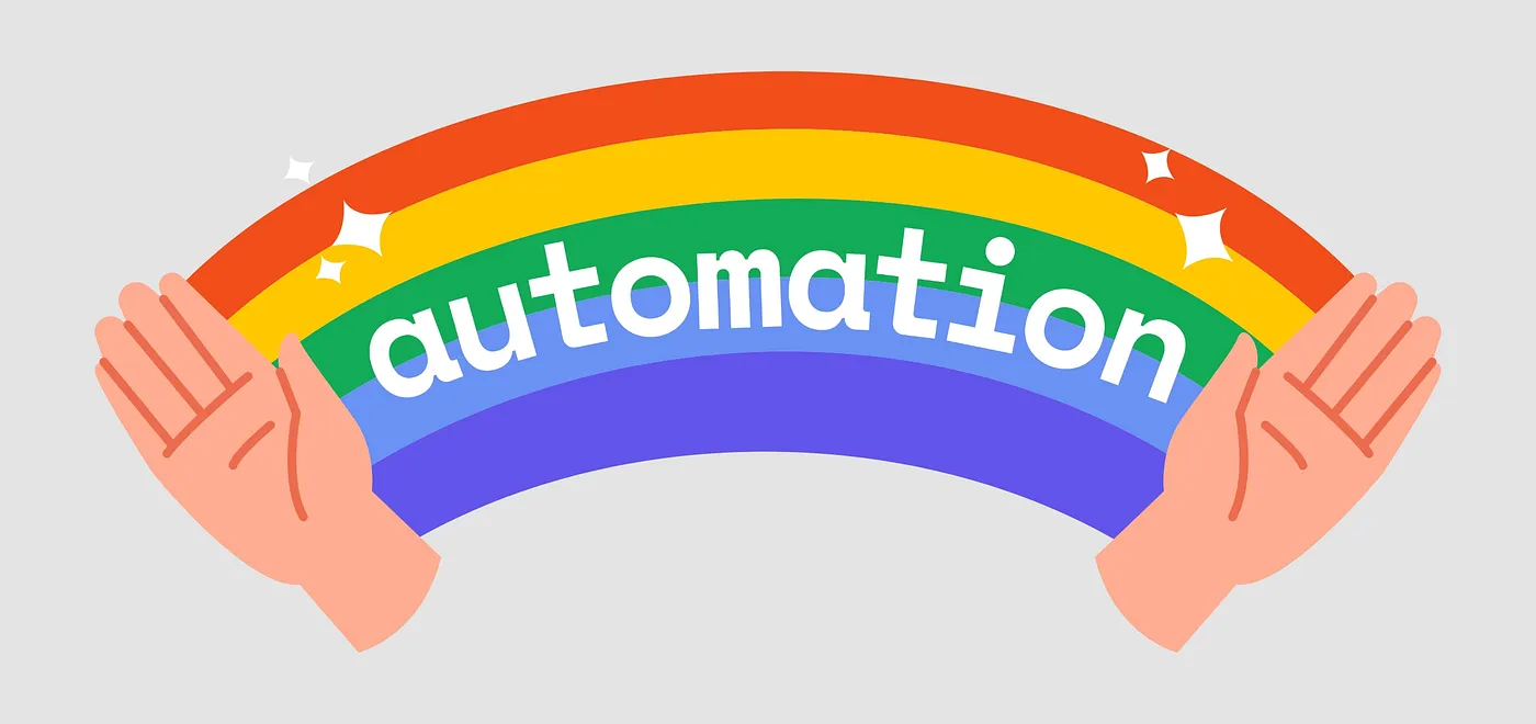 Two hand opening a sparkling rainbow with word ‘automation’ in the middle.