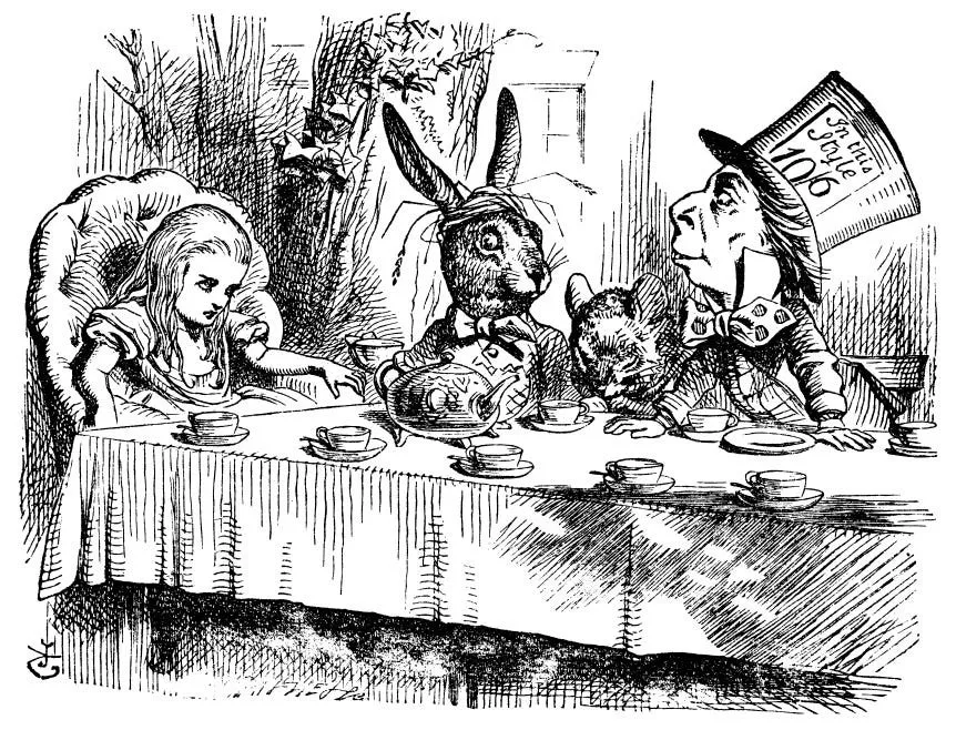 an illustration from Alice&rsquo;s Adventures in Wonderland by Lewis Carroll, drawn by Sir John Tenniel. It depicts the famous &ldquo;Mad Tea Party&rdquo; scene where Alice, the March Hare, the Mad Hatter, and the Dormouse are seated at a tea table.