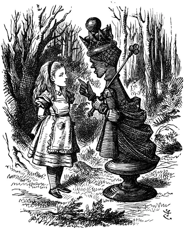 Alice meeting the Red Queen, a chess piece brought to life in the whimsical world she enters