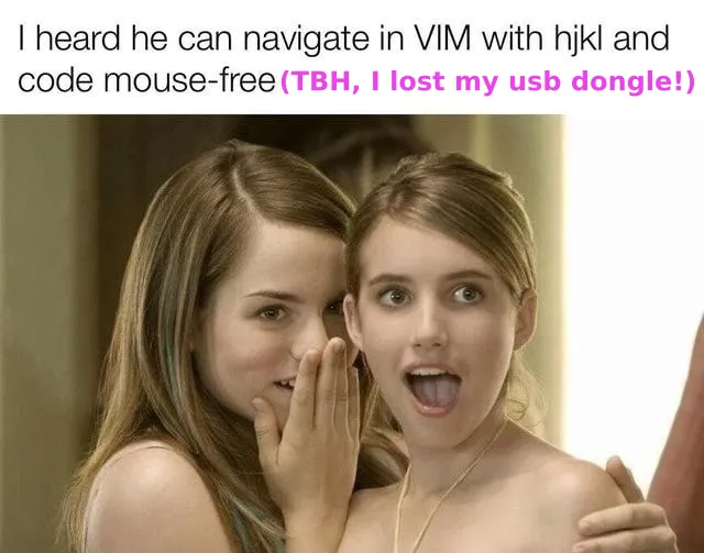 One girl whispering to another. Caption: I heard he can navigate in VIM with hjkl and code mouse-free \(TBH, I lost my USB dongle!\)