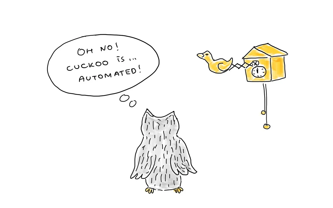 测试要聪明:如何应用自动化并保持从容?_ A funny owl is looking at the cuckoo clock and thinking: “Oh no, Cuckoo is… automated!”