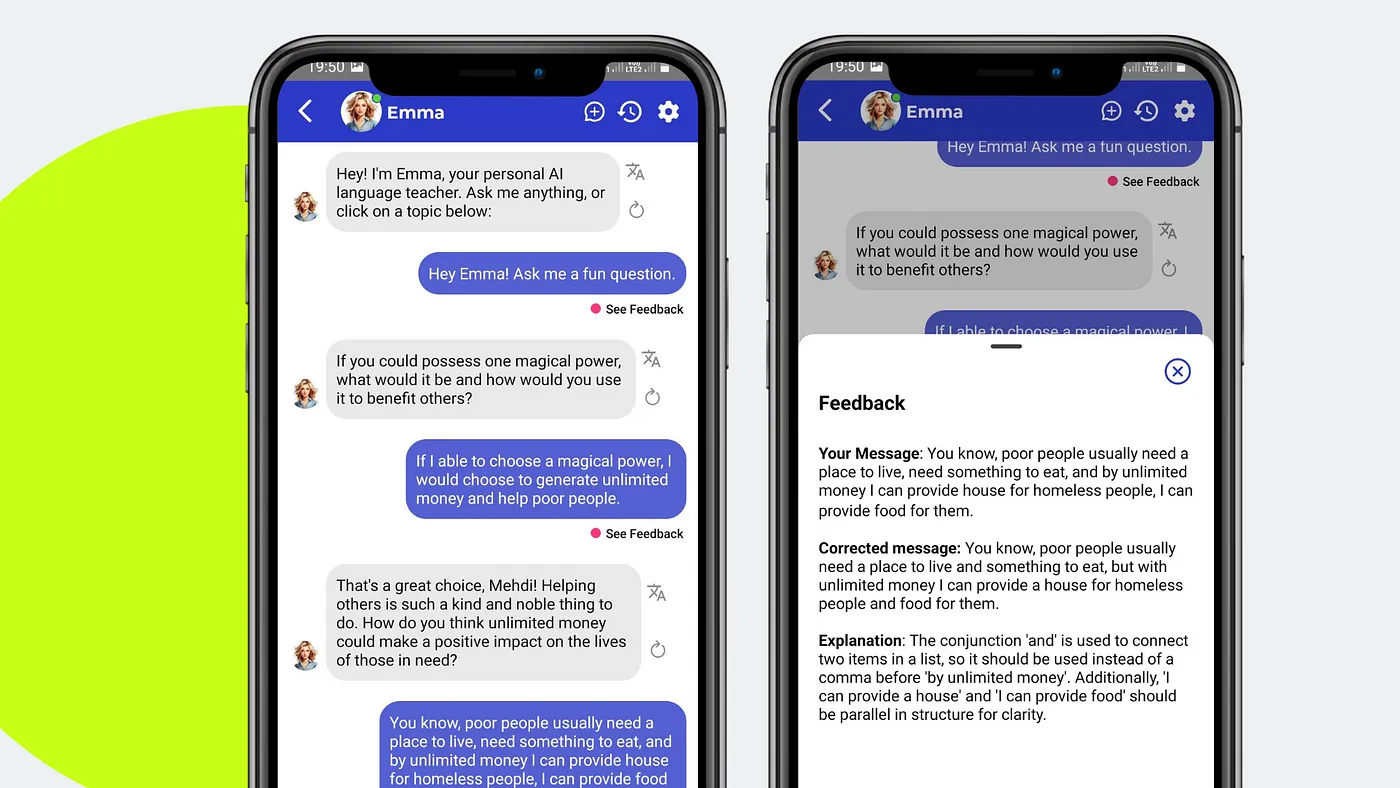 Screenshot of the TalkPal Chat Mode interface displaying a conversation in progress, with text bubbles and a voice recording option, highlighting the app’s features for improving English pronunciation.