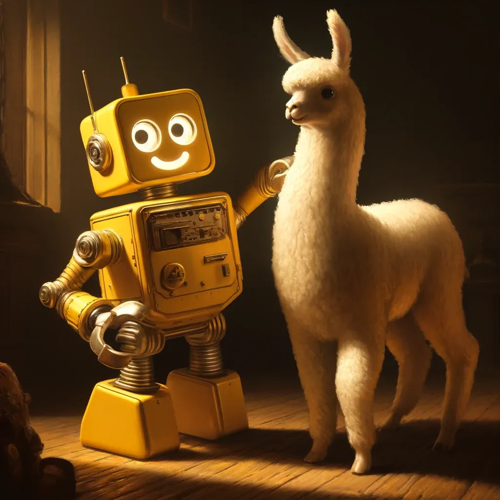 “A happy yellow robot playing with a white llama, styled in the manner of Rembrandt” \(DALL·E\)