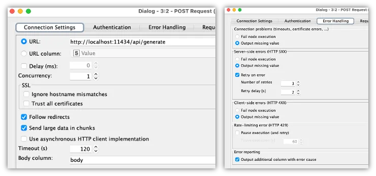 Configure API call to local Ollama service