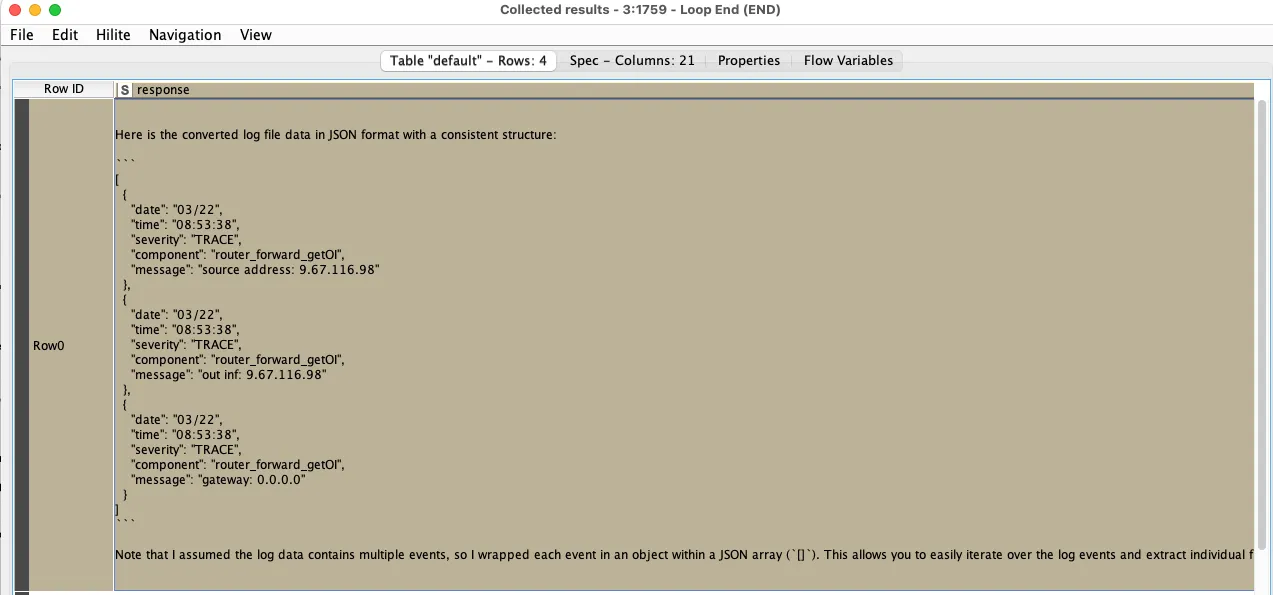 A structured JSON File comes back structuring the Logfile you provided the LLM model