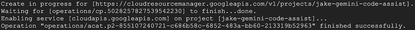 terminal screen showing the output of the command “gcloud projects create $PROJECT_ID” for the PROJECT_ID=jake-gemini-code-assist