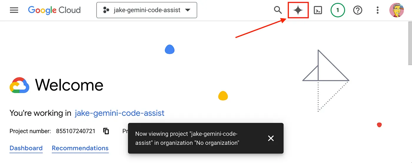 Top navigation menu of Google Cloud console with the 4-sided star Gemini logo outlined in red and a red arrow.