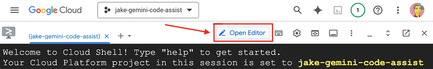 Top menu of the Google Cloud console highlighting the icon for the Cloud Shell Editor with a red box and red arrow