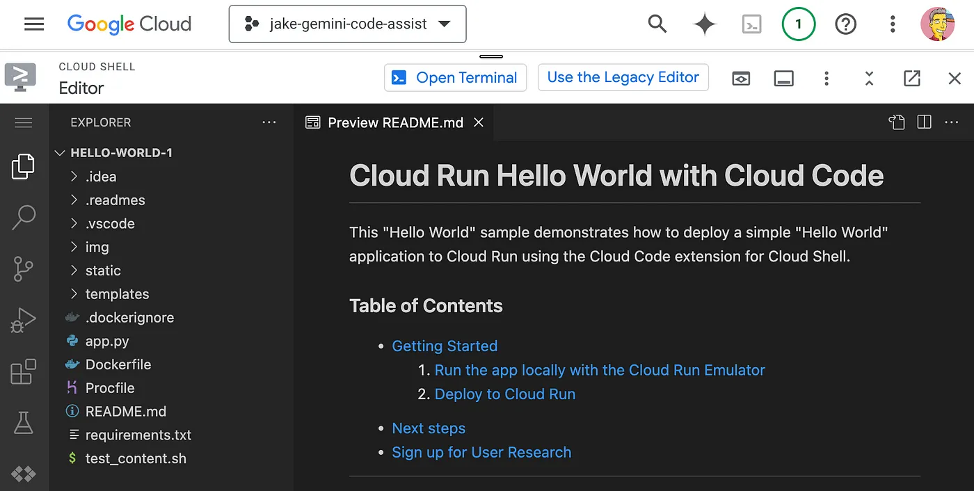 Cloud Shell Editor with the README.md file open for Hello World Cloud Run