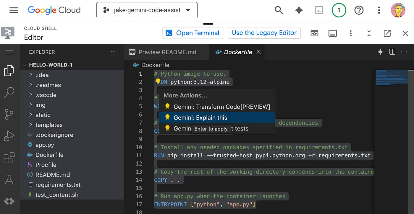 Main code window of the Cloud Shell Editor with all lines of code selected. The user is prompted with the Gemini menu to perform AI funcions: