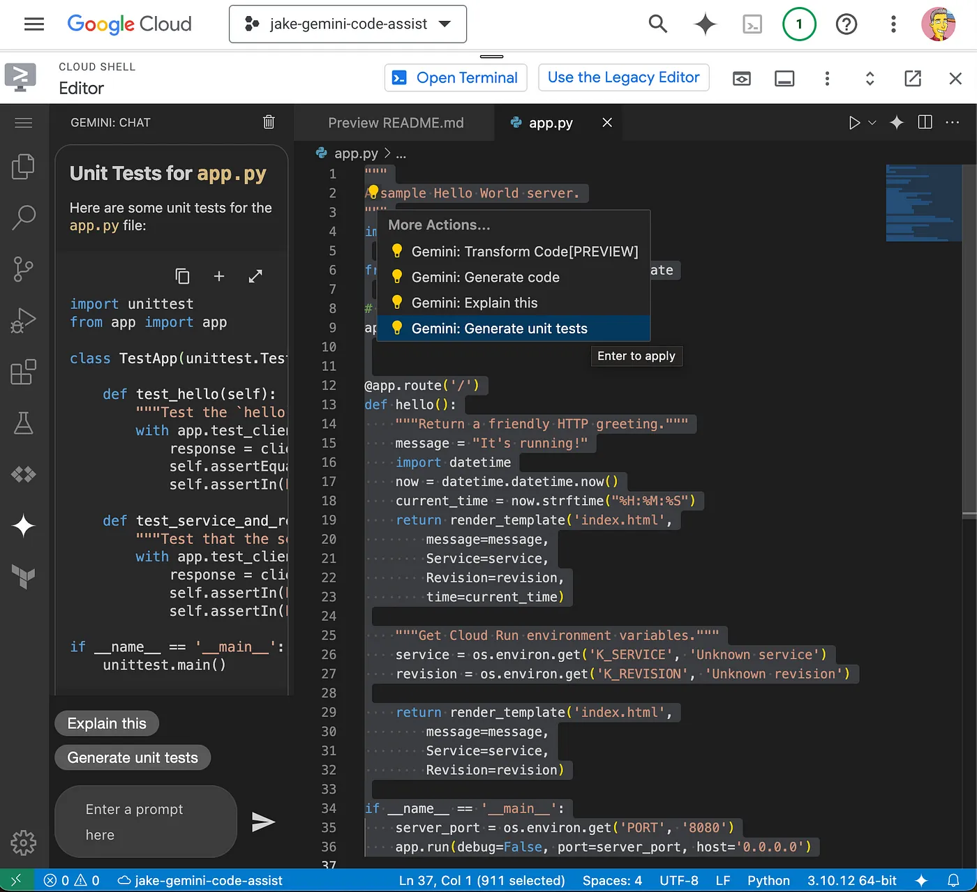 Main code window of the Cloud Shell Editor with all lines of code selected. The user is prompted with the Gemini menu to Generate Unit Tests. Gemini suggests unit tests in the left pane.