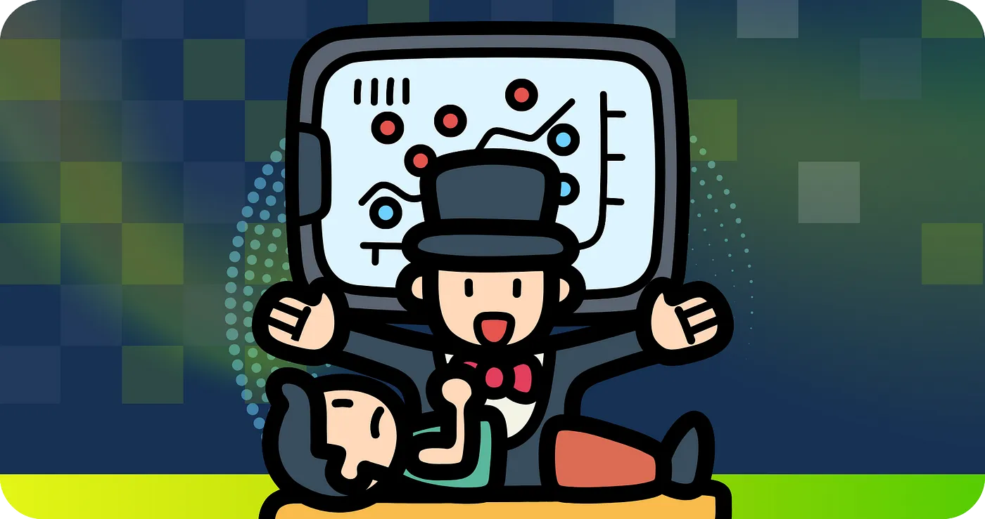 支持向量机分类器详解:迷你二维数据集的可视化指南_ A cartoon magician with a top hat performs a classic “sawing a person in half” trick. The “split” person below represents data being separated, while the magician’s triumphant pose symbolizes the complex “magic” behind SVM’s seemingly simple separation principle.