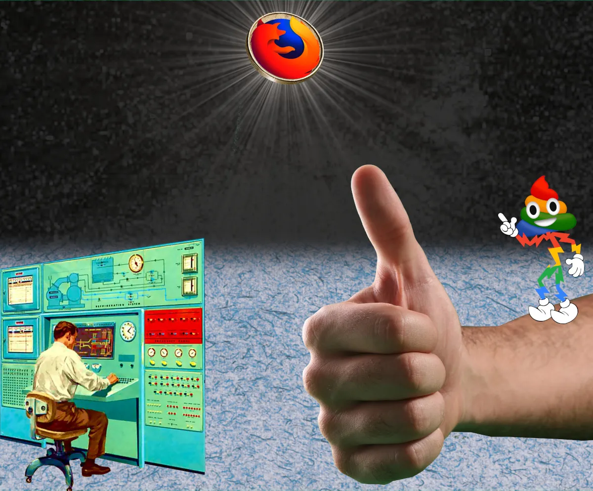 A giant hand with thumb extended after a coin-toss. A coin hovers over it, radiating lines of light, showing the Firefox logo. Standing on the hand’s wrist is a cartoon mascot figure in the four colors of the Google logo, with a poop emoji head. To the left, a suited figure works at a large control panel. The scene is set against an existential background, with a receding abstract pattern forming the ‘floor’ and a starry sky behind it. Image: ICMA Photos \(modified\) https://www.flickr.com/phot