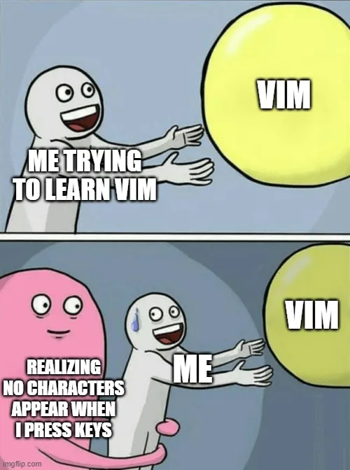 Meme comic story with two frames — the first has man reaching for a ball with the name Vim and the saying “Me trying to learn vim” on the man. The second frame has a monster with the saying “Realizing no characters appear when I press keys” hoding the man that was trying to reach for the ball.