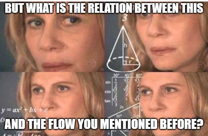 Confused lady/Nazaré Todesco meme with the sayings “But what is the relation between this” above and “and the flow you mentioned before?” below