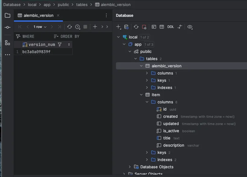 Database tool showing Alembic table with row and Item table with each column