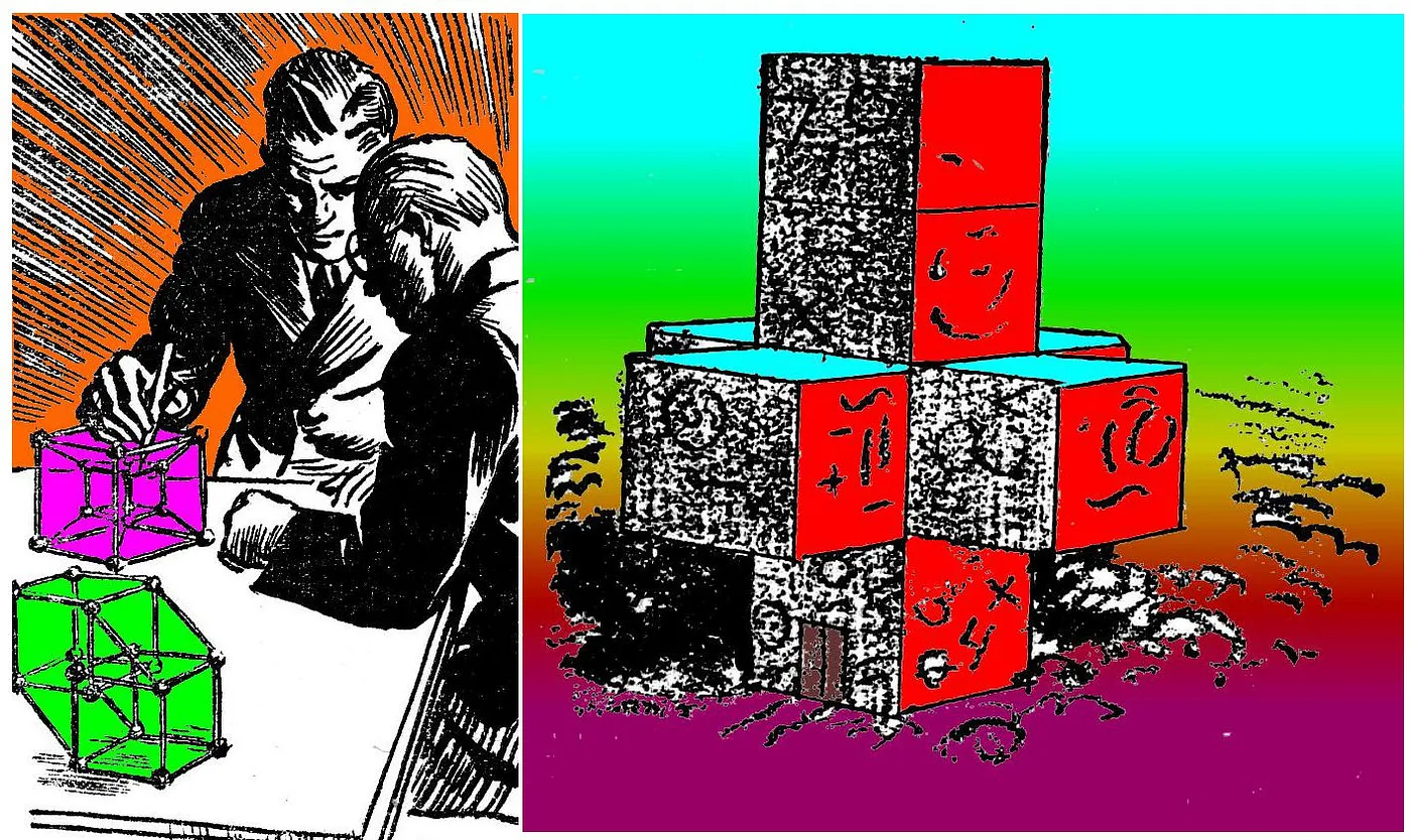 Heinlein’s bold builder of 4-d-houses explains to his shocked client, what he intends \(left\). On the right we see the completed house, built in the form of a tesseract’s net. Color added by author