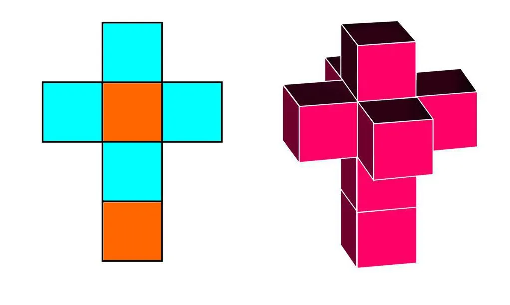 two illustrations depicting the “net” of a cube and a hypercube