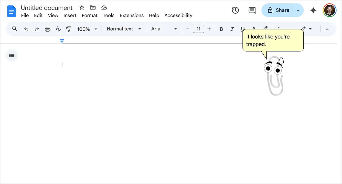 A newly opened Google Doc with only the caret blinking. To the right is Microsoft’s Clippy speaking to the user “it looks like you’re trapped.”