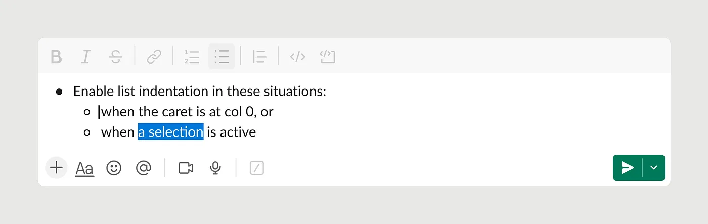 Slack’s messaging component that includes a text list with 2 example situations where indentation is enabled: when the caret is at col 0, or when a selection is active.