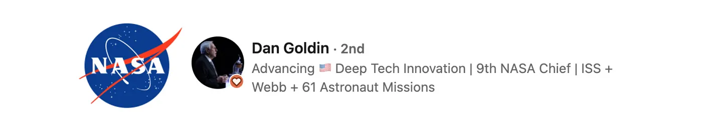 NASA前局长点赞了我的一篇技术文章那天_ On the left is the NASA logo, on the right the LinkedIn profile of Dan Goldin loving the blog post written by Rico Surridge.